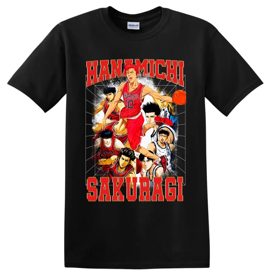 Hanamichi Sakuragi Slam Dunk manga basketball collage with Shohoku players on a Black T Shirt