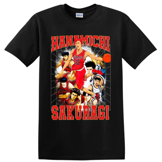 Hanamichi Sakuragi Slam Dunk manga basketball collage with Shohoku players on a Black T Shirt