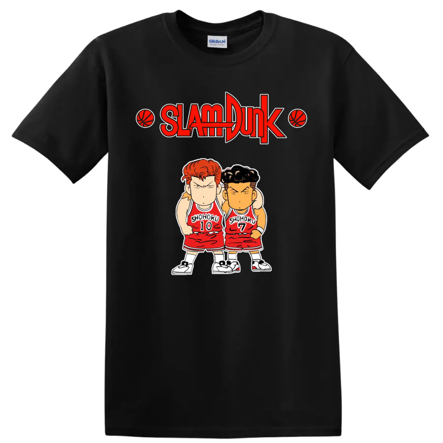Chibi Hanamichi Sakuragi and Ryota Miyagi in Shohoku uniforms beneath Slam Dunk logo on a Black T Shirt