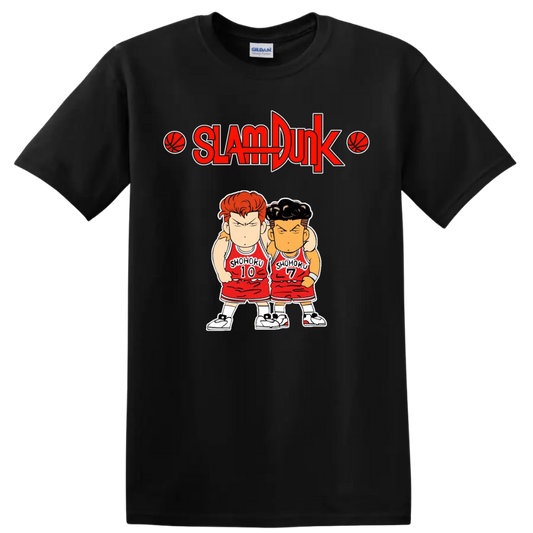 Chibi Hanamichi Sakuragi and Ryota Miyagi in Shohoku uniforms beneath Slam Dunk logo on a Black T Shirt
