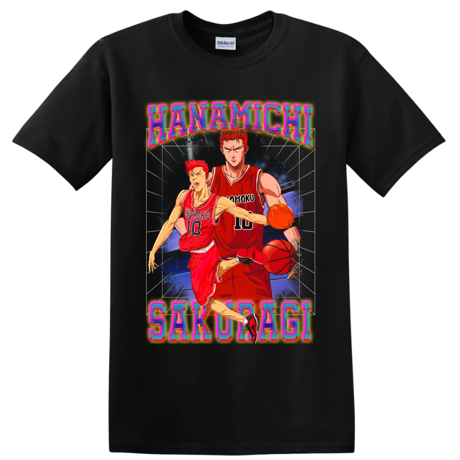 Hanamichi Sakuragi Slam Dunk basketball action in colorful retro poster art on a Black T Shirt