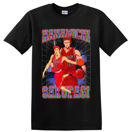 Hanamichi Sakuragi Slam Dunk basketball action in colorful retro poster art on a Black T Shirt