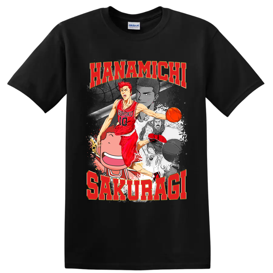 Hanamichi Sakuragi Slam Dunk manga basketball collage with red number 10 player on a Black T Shirt