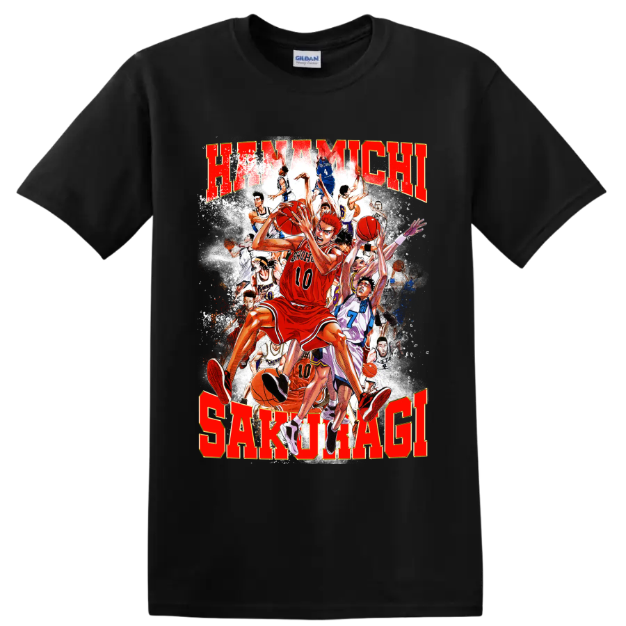 Hanamichi Sakuragi Slam Dunk manga basketball collage with distressed red lettering on a Black T Shirt