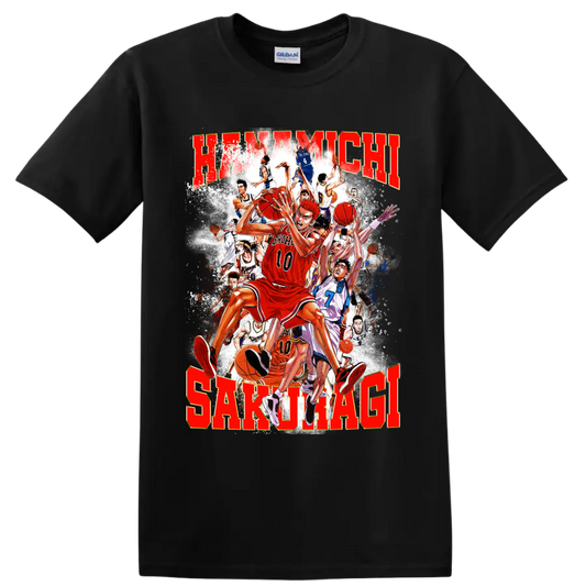 Hanamichi Sakuragi Slam Dunk manga basketball collage with distressed red lettering on a Black T Shirt