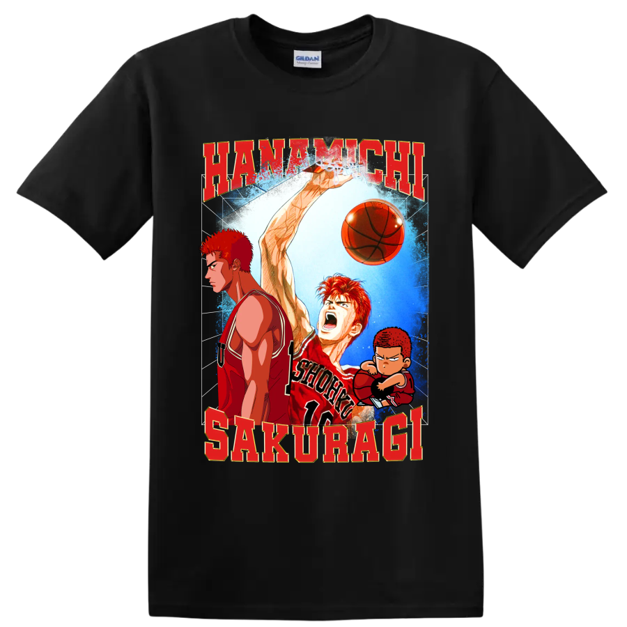 Hanamichi Sakuragi Slam Dunk manga basketball graphic with red lettering and chibi art on a Black T Shirt