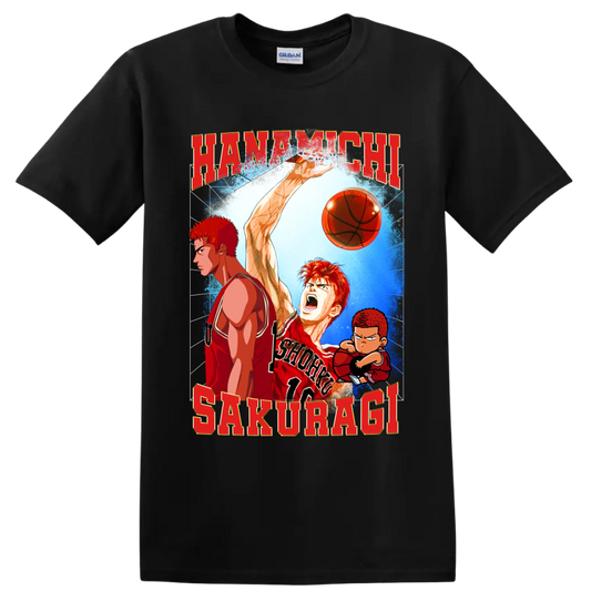 Hanamichi Sakuragi Slam Dunk manga basketball graphic with red lettering and chibi art on a Black T Shirt