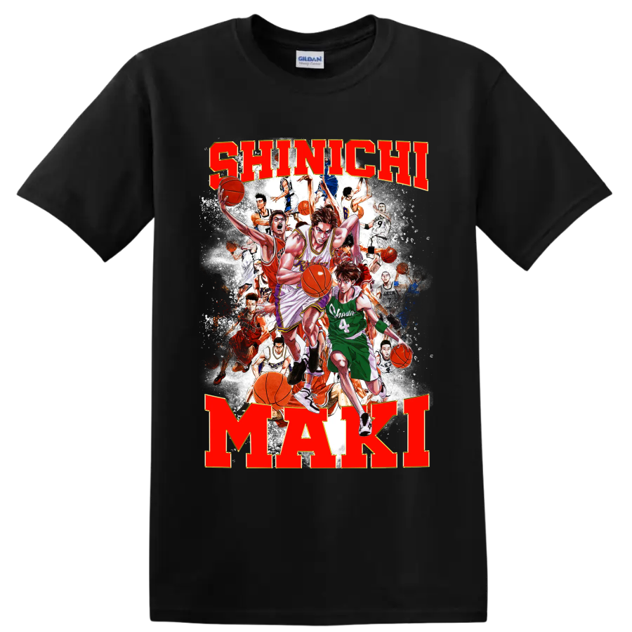 Shinichi Maki Slam Dunk manga basketball collage with bold name lettering on a Black T Shirt
