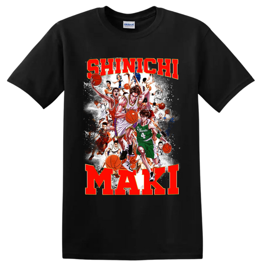 Shinichi Maki Slam Dunk manga basketball collage with bold name lettering on a Black T Shirt