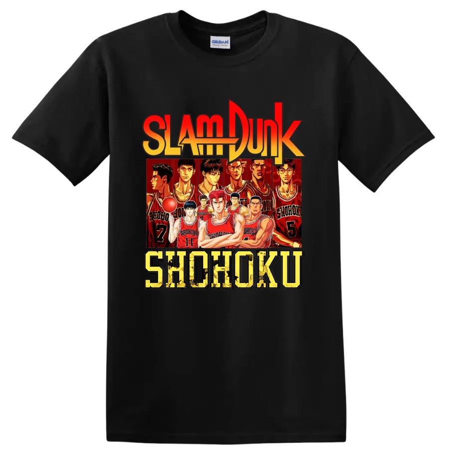 Slam Dunk Shohoku basketball team anime graphic with red jersey player lineup on a Black T Shirt