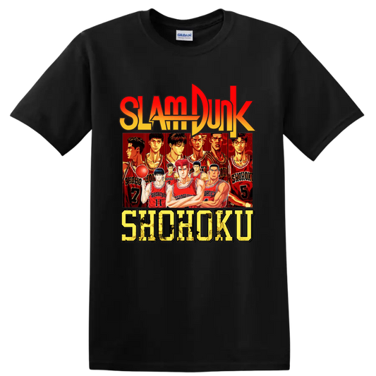 Slam Dunk Shohoku basketball team anime graphic with red jersey player lineup on a Black T Shirt