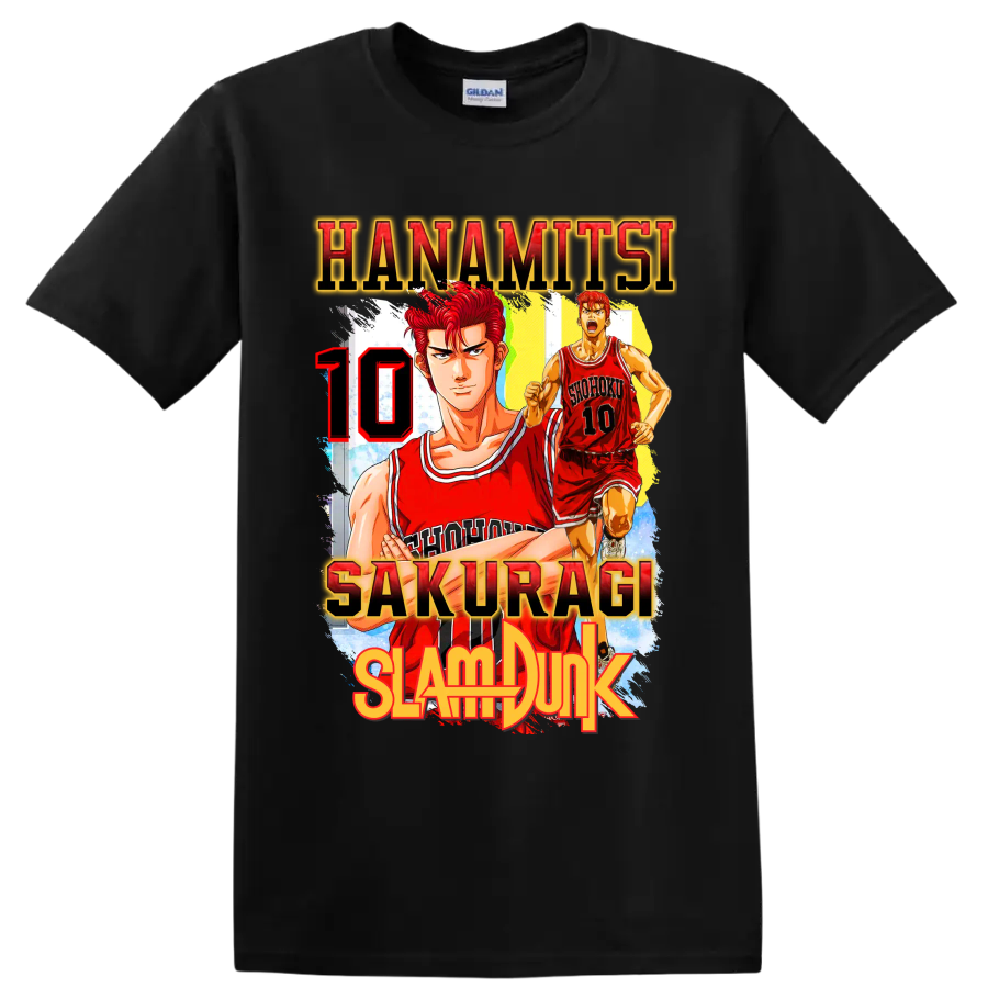 Hanamichi Sakuragi Slam Dunk manga basketball graphic with red number 10 on a Black T Shirt