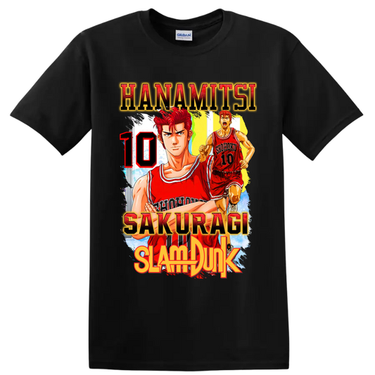 Hanamichi Sakuragi Slam Dunk manga basketball graphic with red number 10 on a Black T Shirt