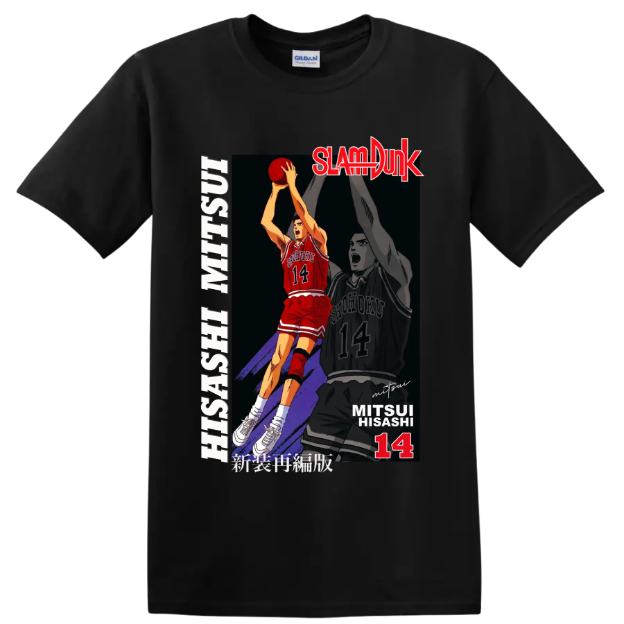 Hisashi Mitsui No. 14 Slam Dunk basketball action manga graphic print on a Black T Shirt