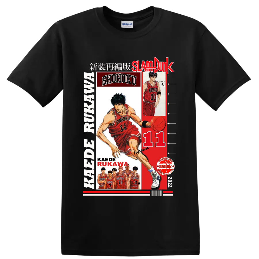Kaede Rukawa Slam Dunk Shohoku basketball collage with number 11 and player portraits on a Black T Shirt