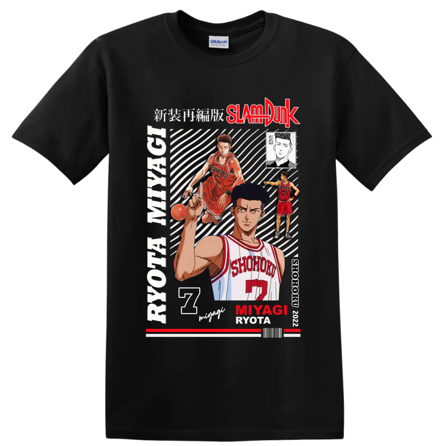 Ryota Miyagi Slam Dunk manga collage with Shohoku number 7 basketball artwork on a Black T Shirt