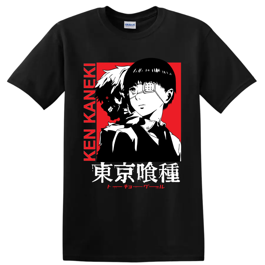 Ken Kaneki Tokyo Ghoul manga portrait with glasses, dark profile, and red backdrop on a Black T Shirt