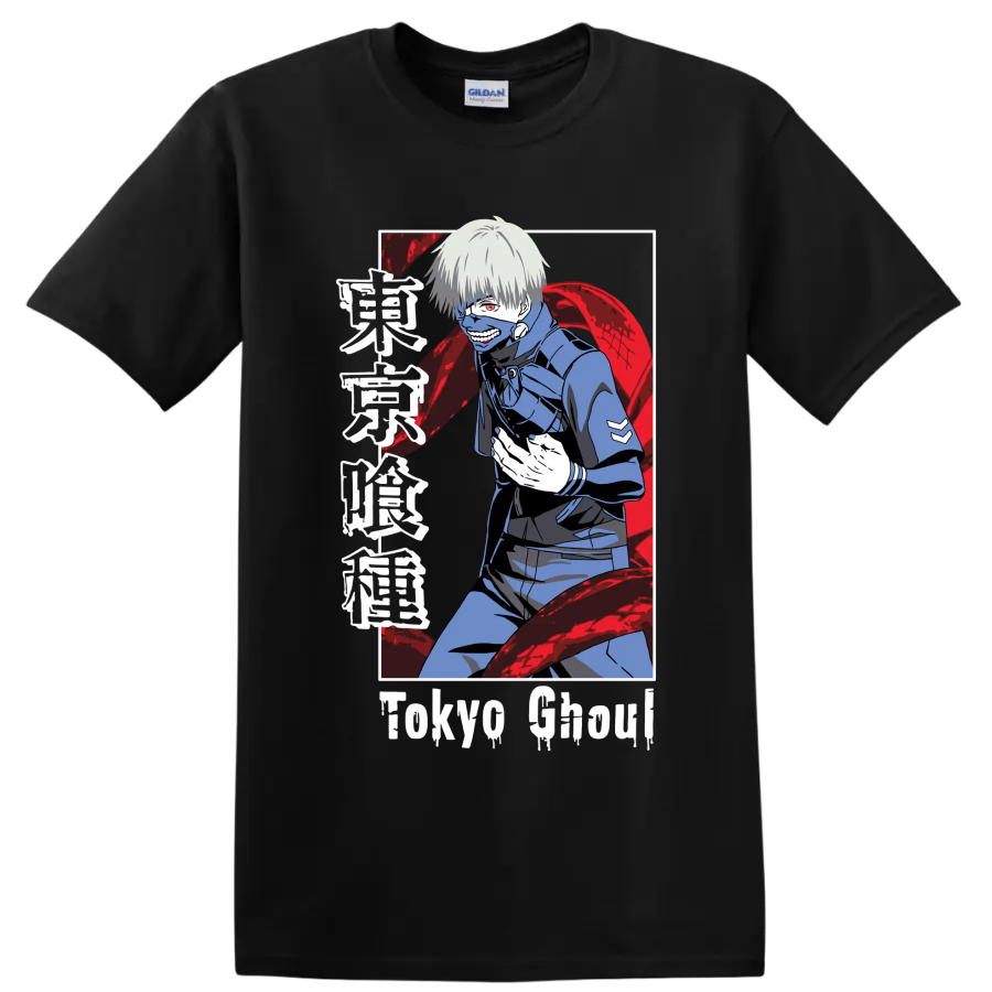 Ken Kaneki masked anime portrait with red kagune in dark Tokyo Ghoul manga style on a Black T Shirt