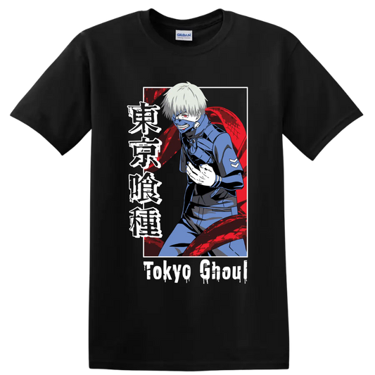 Ken Kaneki masked anime portrait with red kagune in dark Tokyo Ghoul manga style on a Black T Shirt