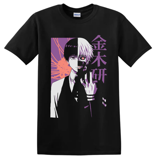 Ken Kaneki split-face Tokyo Ghoul manga portrait with red eye and purple graphic art on a Black T Shirt