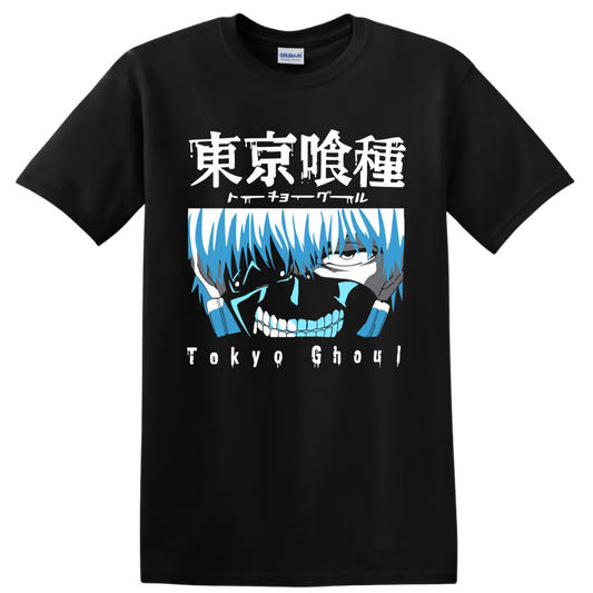 Ken Kaneki blue distressed anime portrait graphic from Tokyo Ghoul on a Black T Shirt