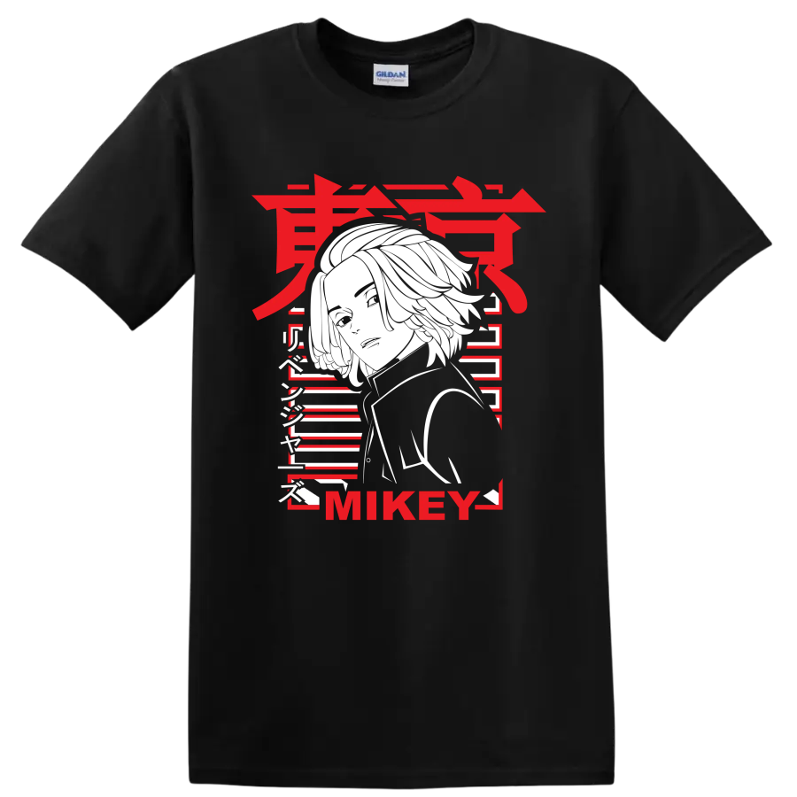 Manjiro Sano Mikey Tokyo Revengers portrait in bold red, white, and black manga style on a Black T Shirt