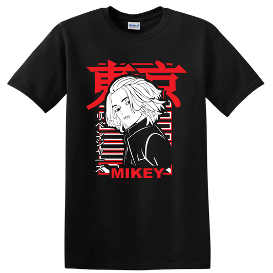 Manjiro Sano Mikey Tokyo Revengers portrait in bold red, white, and black manga style on a Black T Shirt