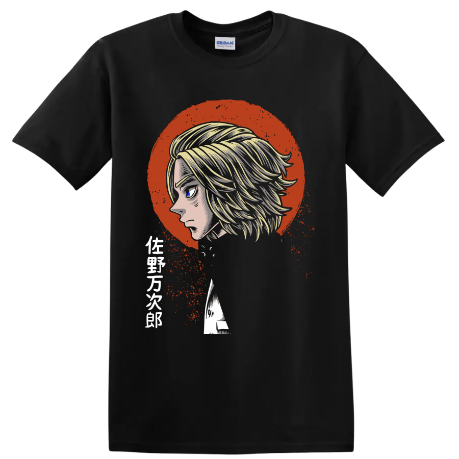 Manjiro Sano profile anime portrait with red distressed circle and splatter art on a Black T Shirt