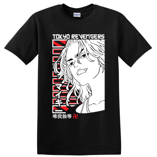 Ken Ryuguji Draken portrait in bold red and black Tokyo Revengers anime art on a Black T Shirt