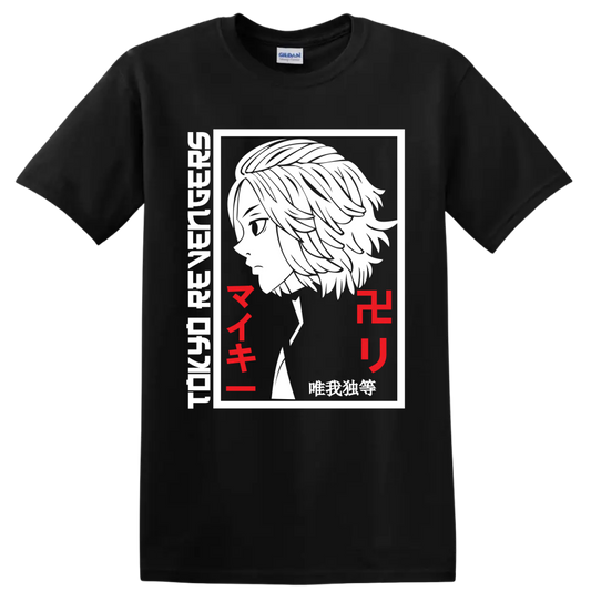 Manjiro Sano Mikey black-and-white manga portrait with red Japanese lettering on a Black T Shirt