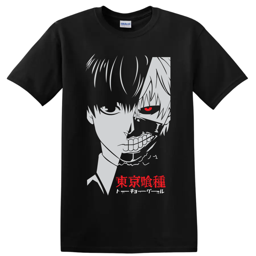 Ken Kaneki Tokyo Ghoul manga portrait with red eye, grin, and Japanese lettering on a Black T Shirt