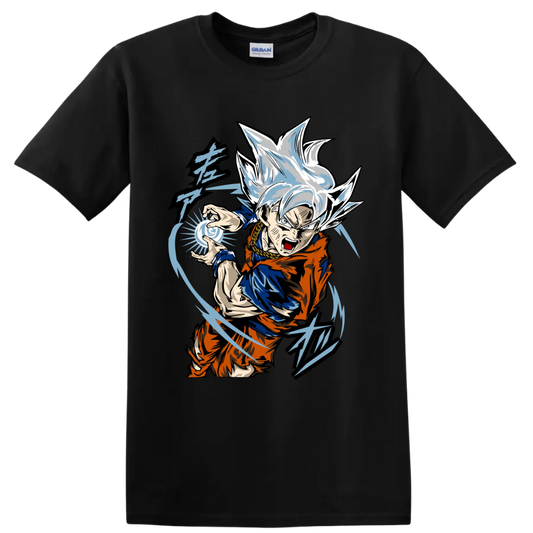 Goku Ultra Instinct anime fighter with blue energy sphere and sweeping action lines on a Black T Shirt
