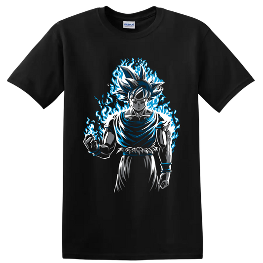 Goku Dragon Ball Super manga-style graphic with a dramatic blue flame aura on a Black T Shirt