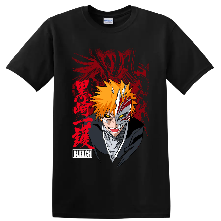 Ichigo Kurosaki split Hollow mask portrait with orange hair and red brushstroke art on a Black T Shirt