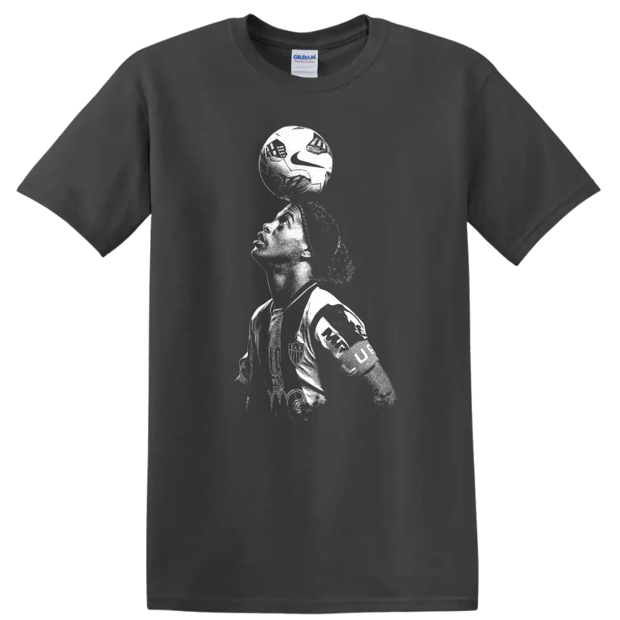 Retro soccer legend portrait of Ronaldinho Gaúcho style on black T - Charcoal