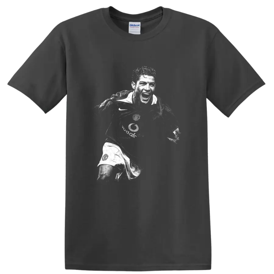 Retro black and white Cristiano Ronaldo soccer portrait graphic T - Charcoal