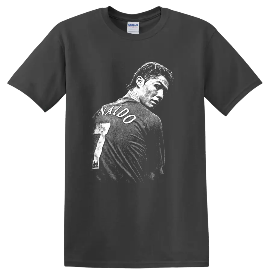 Retro soccer portrait of Cristiano Ronaldo style graphic T - Charcoal