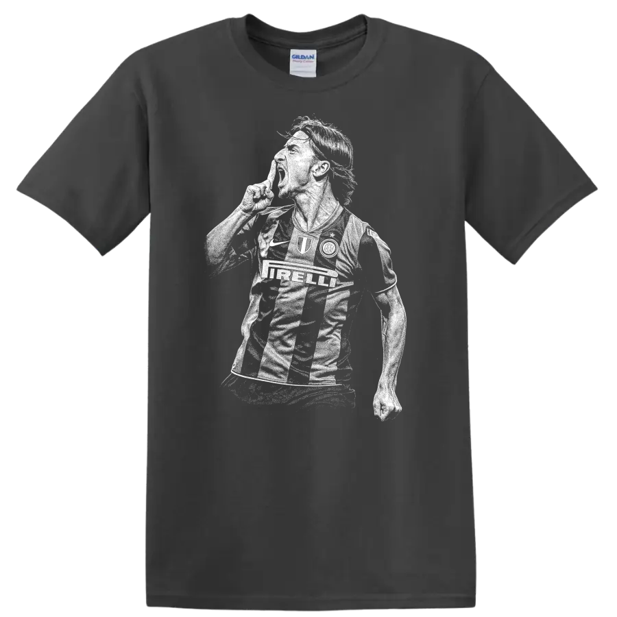 Black and white retro soccer player portrait graphic T Shirt featuring Zlatan - Charcoal