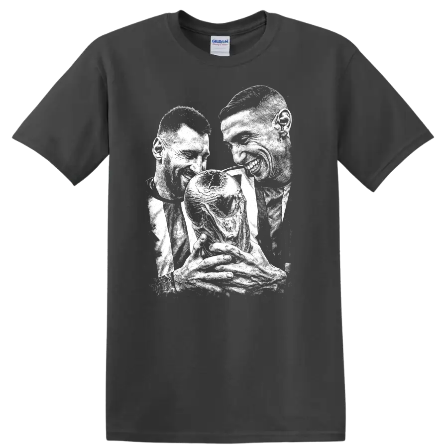 Retro soccer legend portrait design featuring Lionel Messi and Ángel Di María T - Charcoal