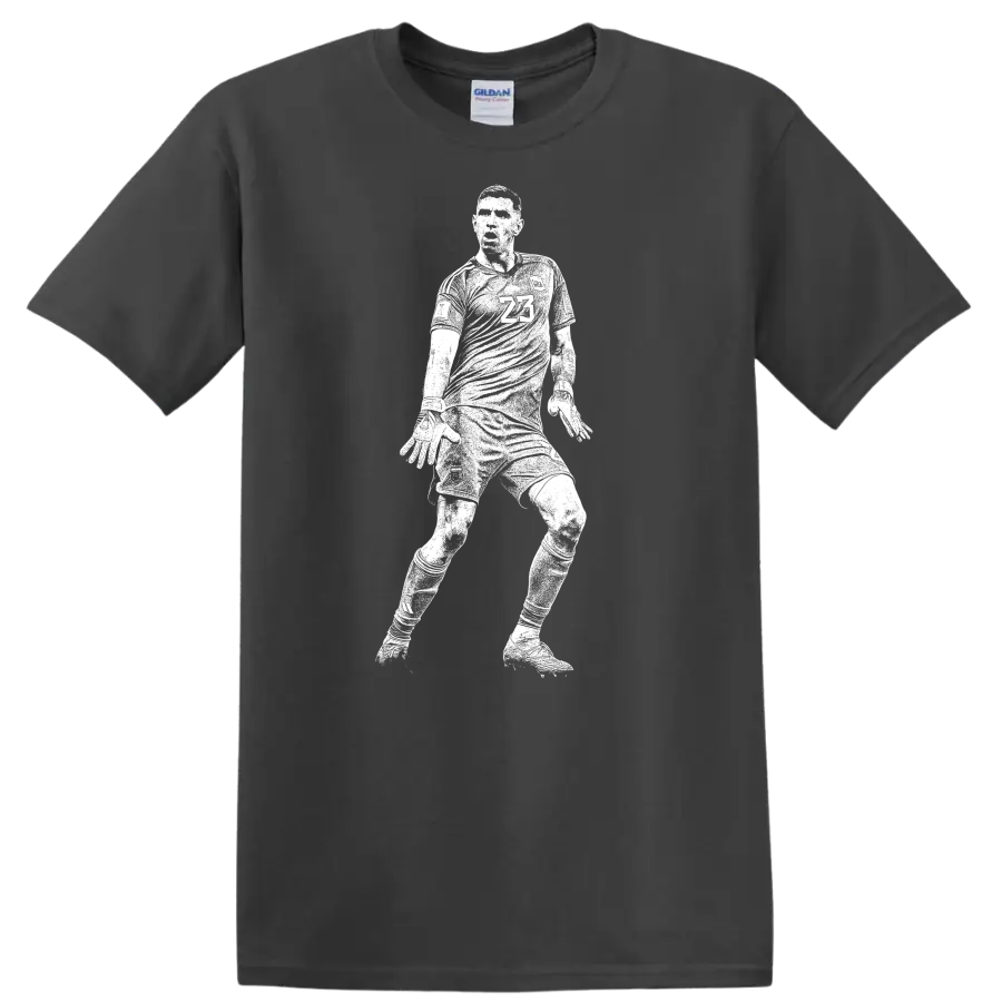 Black and white retro soccer player silhouette design for Emiliano Martínez T - Charcoal