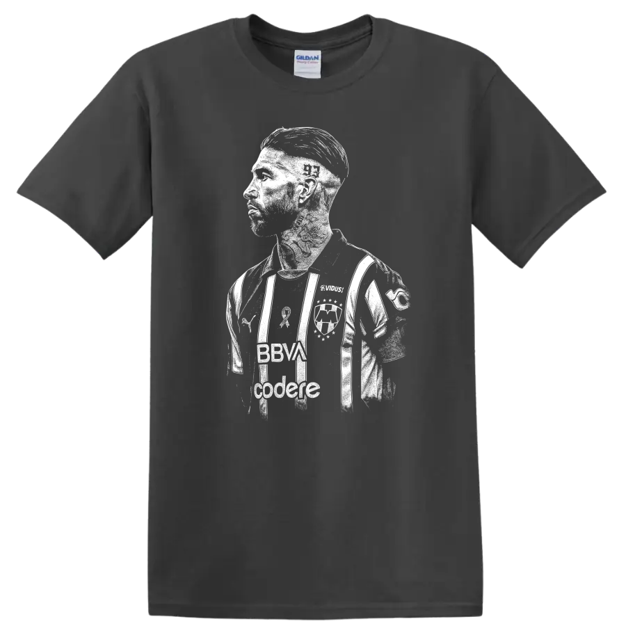 Retro style Sergio Ramos soccer portrait graphic on T - Charcoal