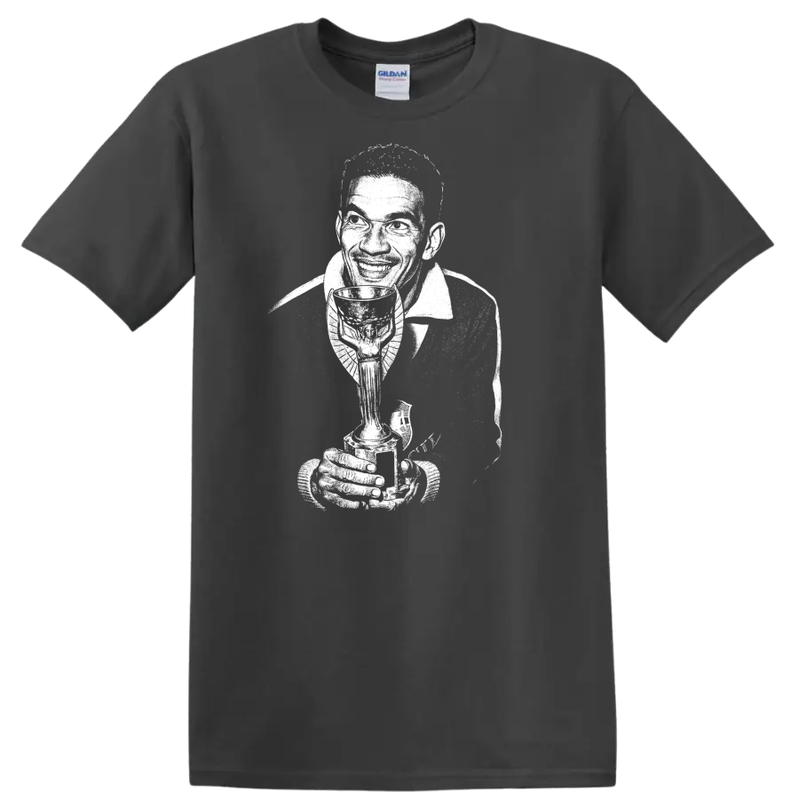 Black and white retro soccer portrait graphic T shirt of Manuel Francisco dos - Charcoal