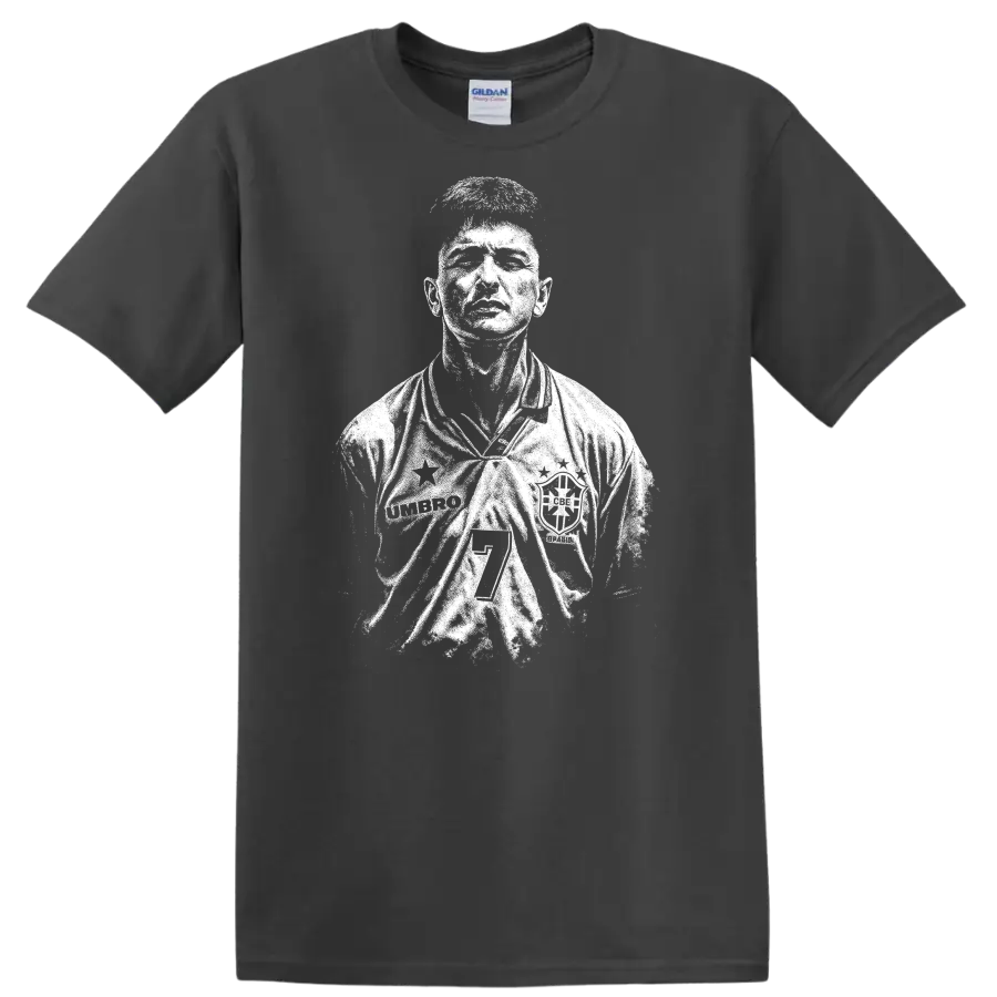 Retro soccer portrait of Romário de Souza Faria, legend style T shirt - Charcoal