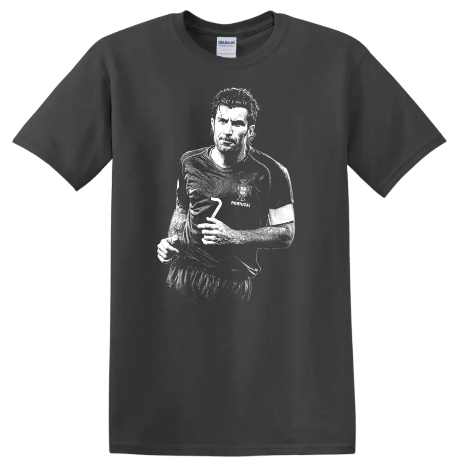 High-contrast retro soccer portrait of Luís Figo style graphic T-shirt - Charcoal