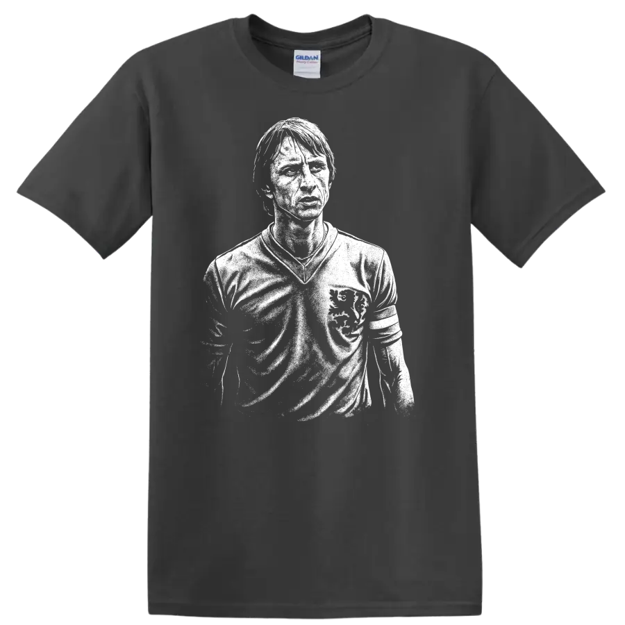 Black and white retro soccer portrait graphic T shirt inspired by Johan - Charcoal