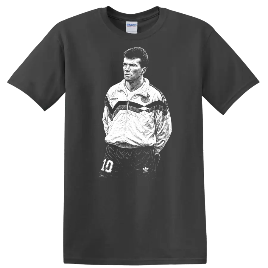 Retro soccer legend portrait graphic T Shirt inspired by Matthias - Charcoal