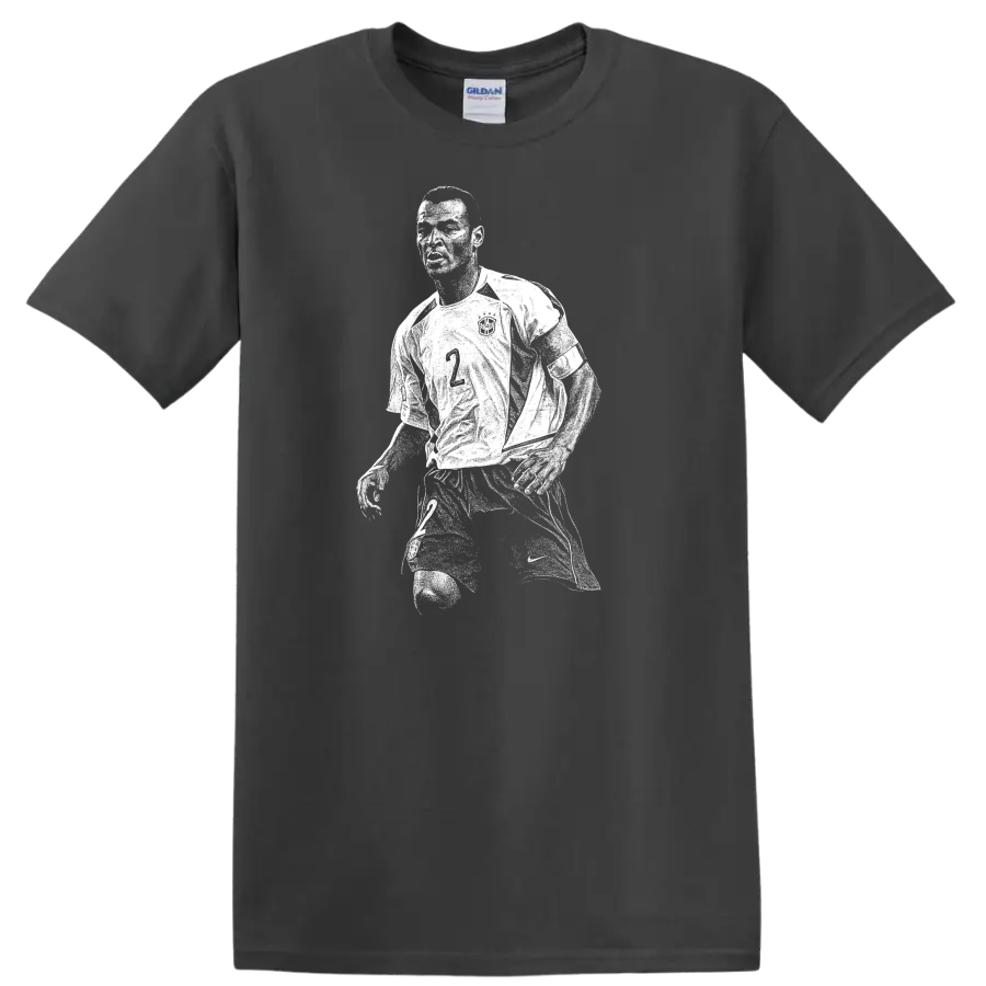 Retro pixel-style Ronaldo Nazário soccer portrait on black T - Charcoal