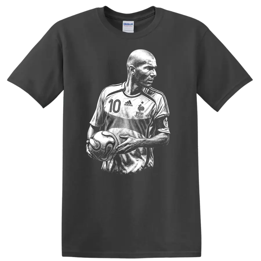 Retro soccer portrait of Zinedine Zidane in bold black and white style T - Charcoal