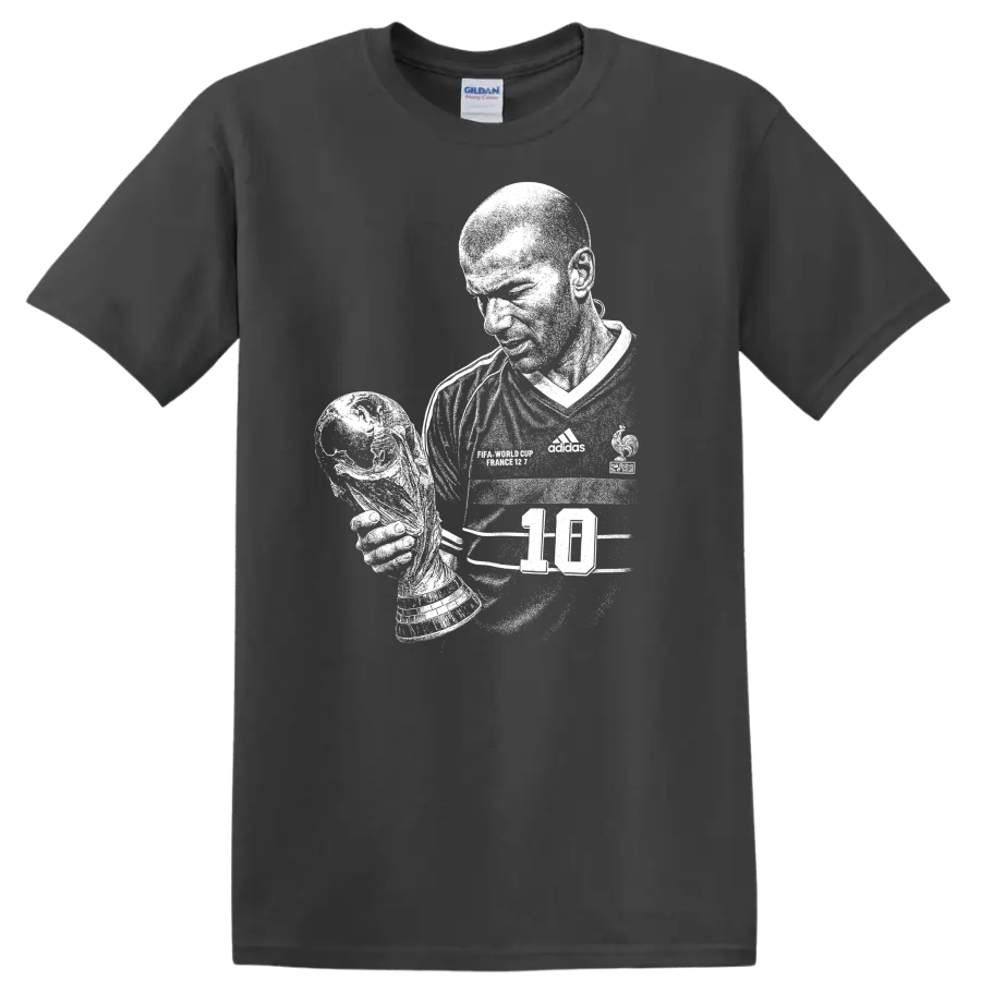 Retro black and white Zinedine Zidane soccer portrait T shirt - Charcoal