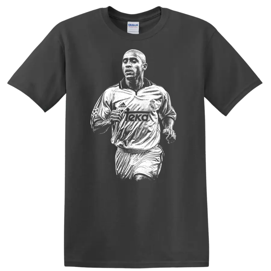 Retro soccer portrait of Roberto Carlos da Silva Rocha legend style T - Charcoal
